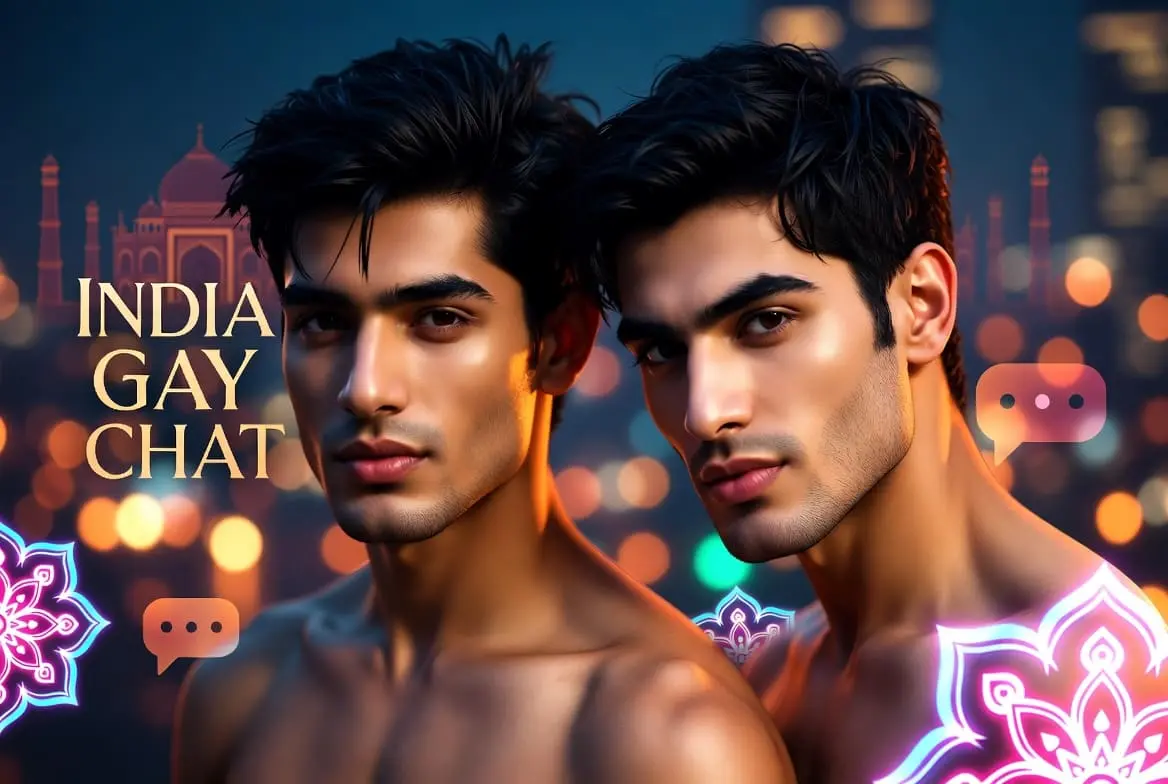 Two gay men chatting and enjoying an evening at a sophisticated rooftop lounge in India